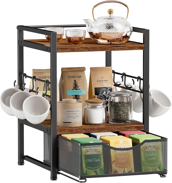 Plaviya 3-Tier Tea Bag Organizer with Drawer for Countertop | Tea Bag Holder and Storage, 9 Compartments, 6 Hooks for Cup, Utility Tea Box, Office, Kitchen, Rustic Brown by Plaviya
