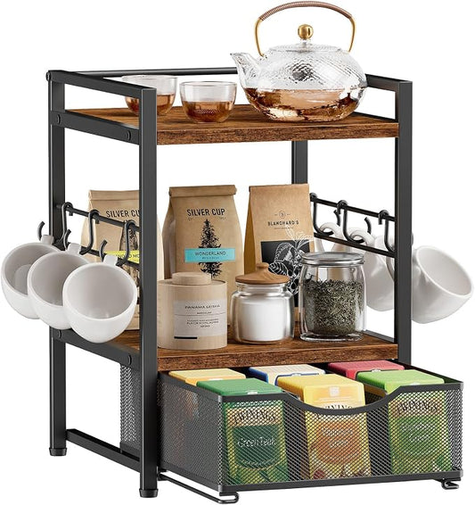 Plaviya 3-Tier Tea Bag Organizer with Drawer for Countertop | Tea Bag Holder and Storage, 9 Compartments, 6 Hooks for Cup, Utility Tea Box, Office, Kitchen, Rustic Brown by Plaviya