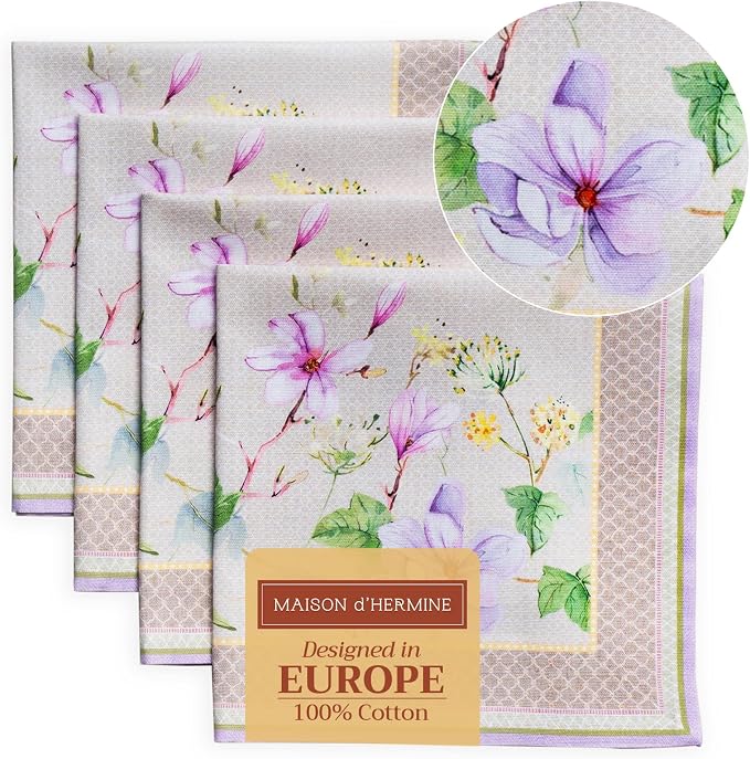 Maison d' Hermine Cloth Napkins Set of 4 Reusable 100% Cotton (20" x 20") | Everyday Square Napkins Cloth Washable Dinner Party Wedding Restaurant Hotel Kitchen Spring Summer - Magnolia Mornings by MaisondHermine