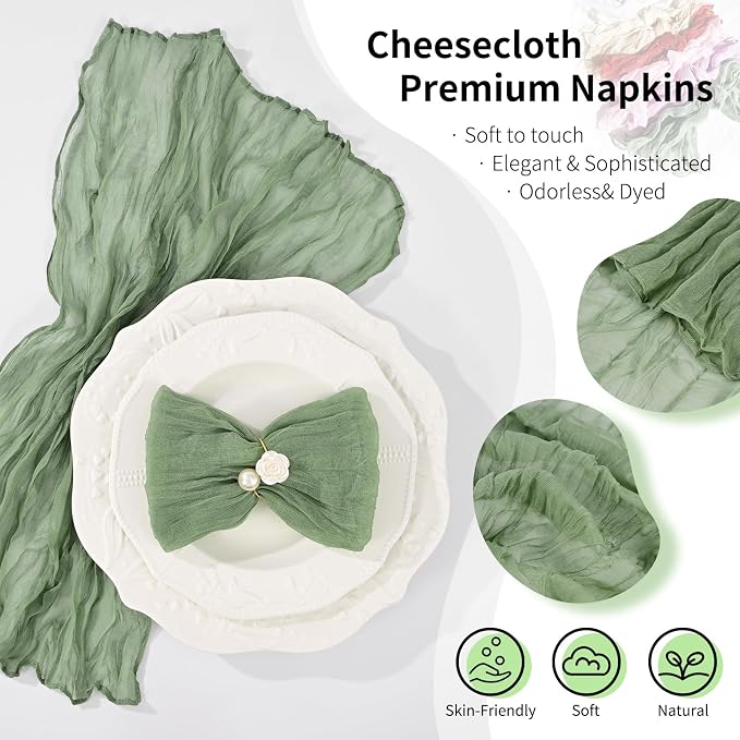 100 Pack Sage Green Cheesecloth Napkins 20"x20" Boho Washable Cloth Napkins Set of 100 Wrinkled Cheese Cloth Napkins Gauze Dinner Table Napkin for Wedding Party Baby Shower Birthday Decor - Image 3