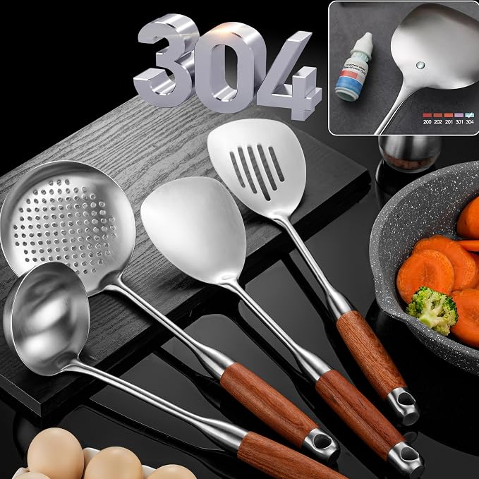 Kitchen Utensils Set Stainless Steel with Wooden Handle,Metal Cooking Utensils Set 12 PCS,Spatulas,Ladle,Skimmer,Tunners,Spaghetti Spoon,Fork,Potato Masher,Egg Whisk,Tongs - Image 4