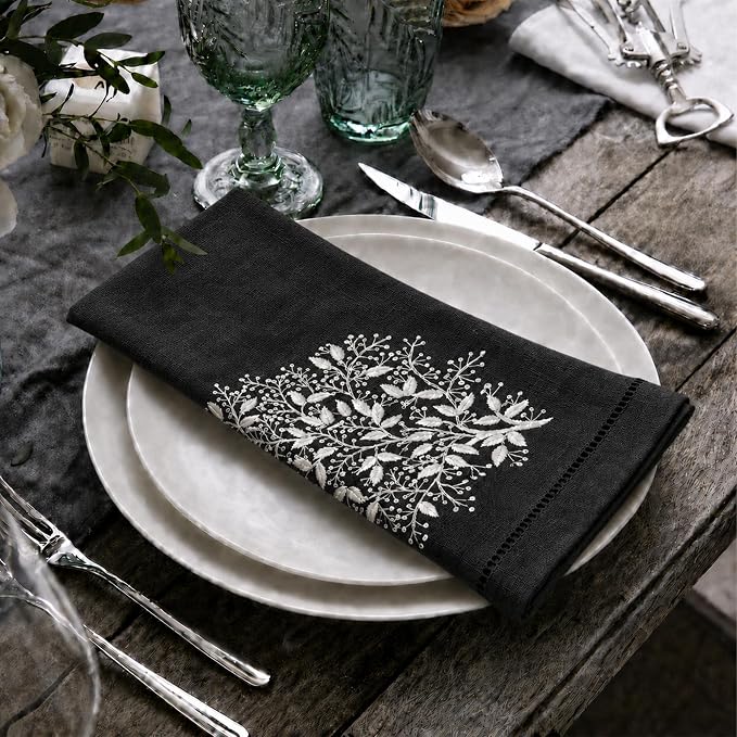 Cloth Napkins Set of 4, 20x20 inch, 100% Linen Hand Embroidered French Knot, Reusable & Machine Washable, Elegant Table Napkins for Dinner, Weddings, Parties (Black) - Image 4