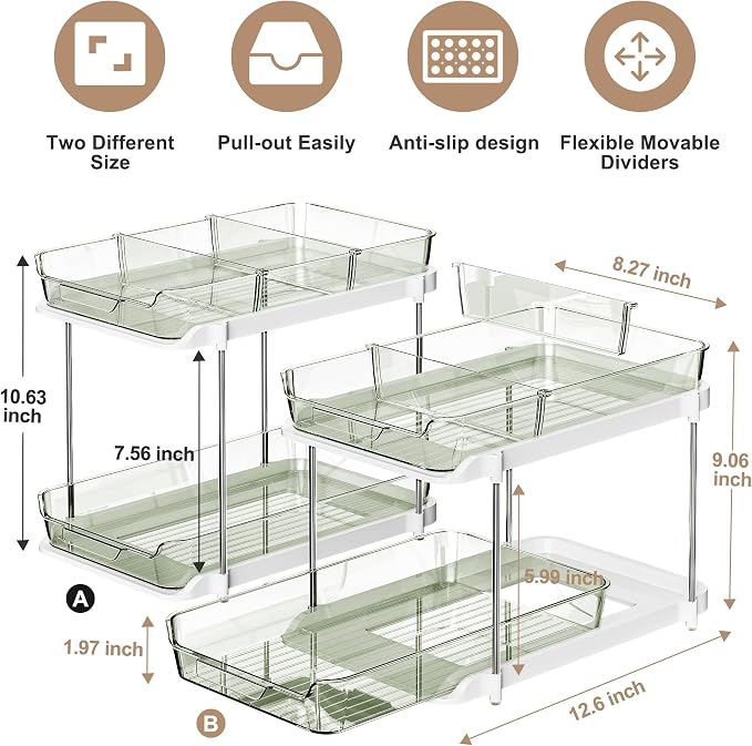Delamu 2-Tier Multi-Purpose Bathroom Under Sink Organizers and Storage, Stackable Kitchen Pantry Organization, Pull Out Medicine Cabinet Organizer with Movable Dividers, Light Green, 2 Pack - Image 2