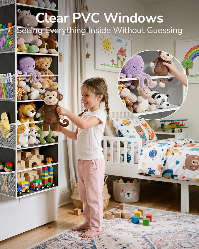 ULG Stuffed Animal Organizer Over the Door, Large Hanging Plush Toy Storage with Mesh Window, Cotton Kids Toy Organizer for Bedroom, Nursery, Playroom & Baby Items Dark Grey - Image 3