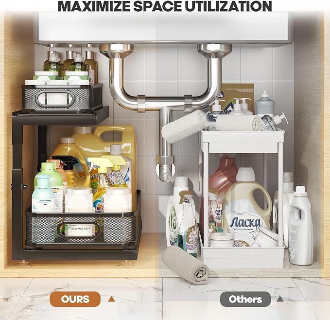 2-Pack 18.5 IN Depth Under Sink Organizer With Next-Gen Ball-Bearing Slides,Sophisticated Mesh 2-Tier Pull Out Shelf for Kitchen & Bathroom,Fits Small Items-Black - Image 5