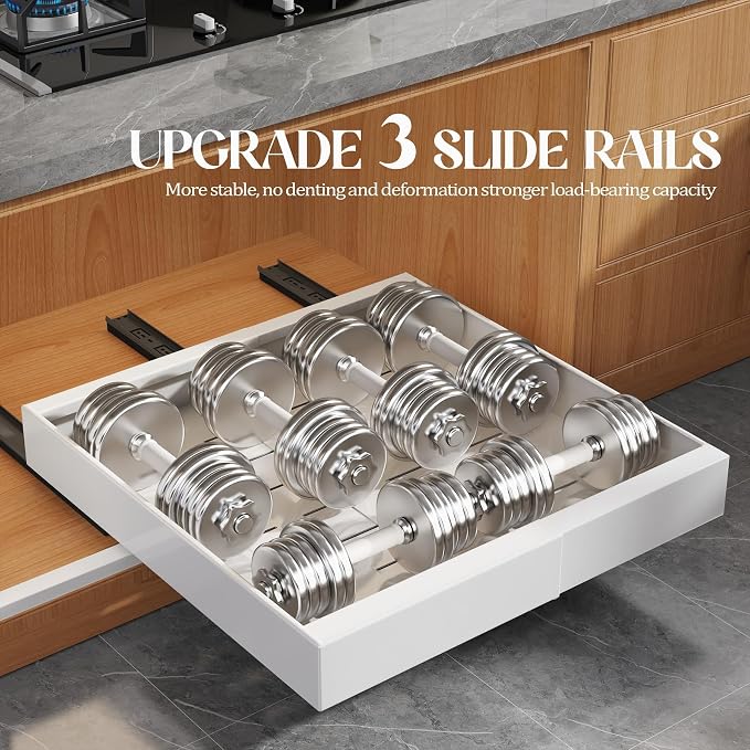 Seinloes 4 Pack Expandable Pull Out Cabinet Organizer 21"Deep With Raising Pad for Framed Cabinets,Upgrade 3 Slide Rails Slide Out Drawers,No Drill Roll Out Shelves,Adjustable Width 12.1"-20.4" White - Image 5