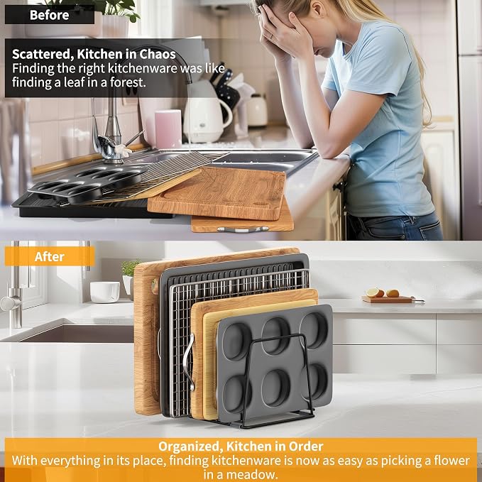 Cutting Board Organizer Kitchen Organizer Rack for Cutting Board, Bakeware, and Cookie Sheet, 5-Slot Heavy-Duty Steel Cookware Holder,Rust-Resistant with Anti-Slip Feet (2, Large) - Image 4