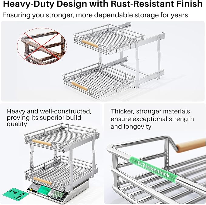 Pull out Cabinet Organizer, 2 Tiers 17"W X 21"D, Heavy Duty Smooth Sliding Under Cabinet Shelves for Pots and Pans, Full-Extension Roll out Drawers, Slide out Organization for Home Kitchen Pantry - Image 8