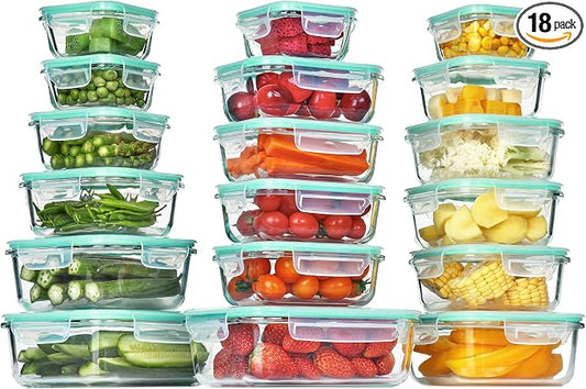 Vtopmart 18Pack Glass Food Storage Containers with Lids, Meal Prep Containers, Airtight Lunch Containers Leak Proof Locking Lids for Microwave, Oven, Freezer, Dishwasher by Vtopmart