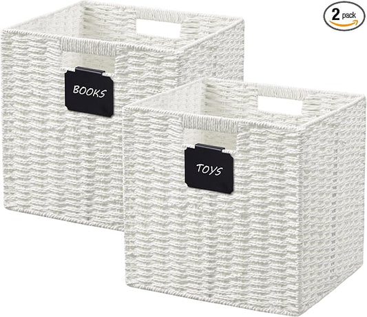 UBBCARE 2 Pack Wicker Basket, 10.5×10.5 Storage Cubes with Label, Foldable Cube Storage Bin with Handle, Square Storage Basket for Shelves, Woven Paper Rope Basket for Organizing, White by UBBCARE