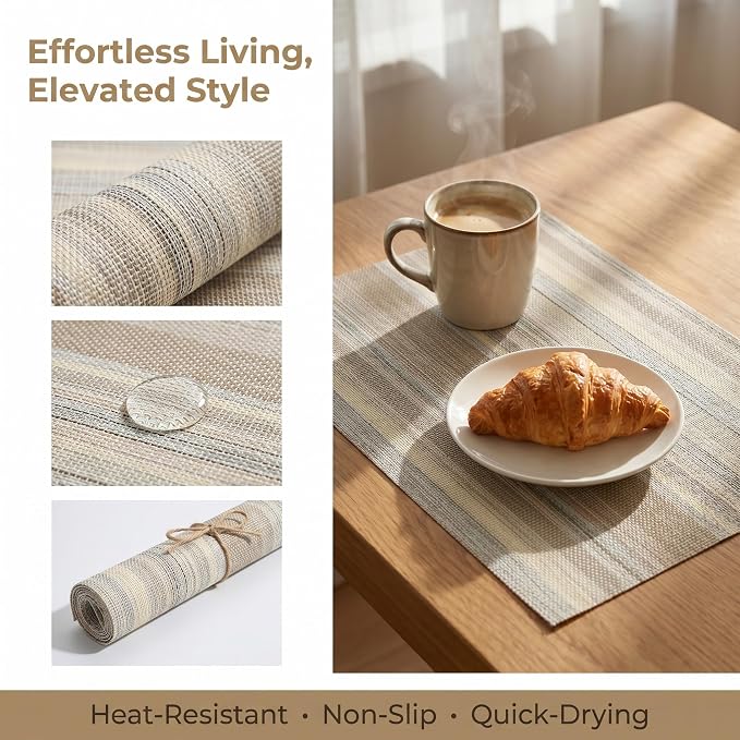 Textile Placemats Set of 6 - Heat Resistant Non-Slip Wipeable Place Mats for Party/Indoor/Outdoor Kitchen Dining Table, Washable Durable Woven Table Mats（Beige, 6） - Image 2
