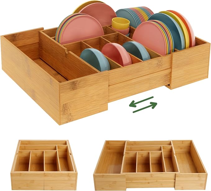 BAMEOS 3.9inch Tall Bamboo Drawer Organizer, Expandable Utensil Holder with 8 Compartments, Adjustable Kitchen Drawer Divider for Flatware, Silverware and Gadgets, Deep Storage for Home and Office by BAMEOS