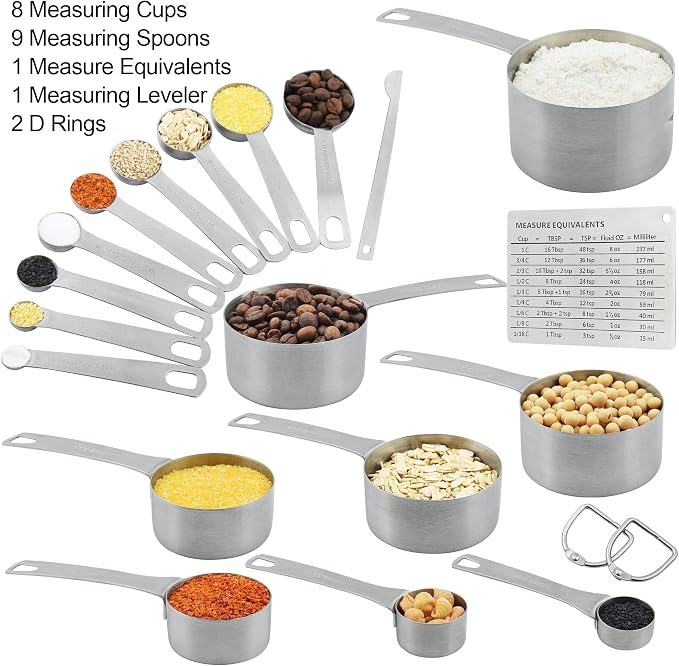 Measuring Cups and Spoons Set, 18/8 Stainless Steel 8 Measuring Cups and 9 Measuring Spoons with Leveler and Measurement Enquivalents, Kitchen and Baking Measure Cups Spoons Set of 19 - Image 7