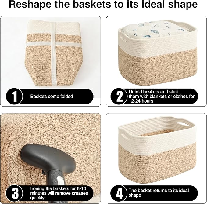 ICERZCZ Storage Baskets for Organizing & Shelves, Woven Cotton Rope Organization Bins for Dog Toys, Clothes, Books, Nursery Organizer, 15"Lx11''Wx9.5''H, (4 Packs) Off White & Brown - Image 7