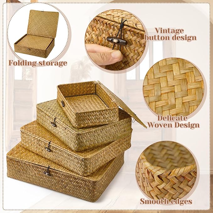 Didaey Set of 4 Seagrass Basket with Lid Wicker Storage Basket Decorative Storage Boxes with Lids Flat Storage Bins Woven Organizer Baskets for Shelf Closet Bedroom, 4 Sizes (Yellow) - Image 3