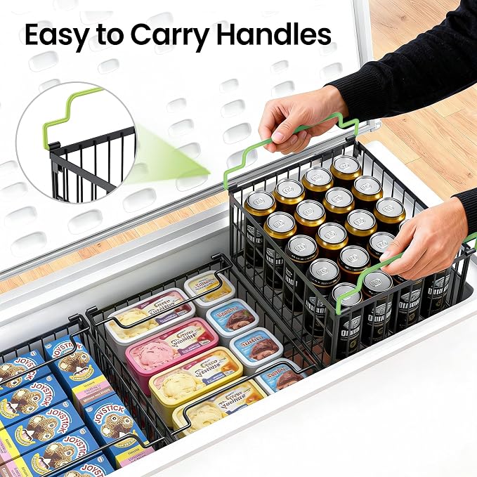 Freezer Organizer Bins, 3 Pack Enlarged Baskets for 5-9 Cu.FT Deep Freezer | Stackable Chest Freezer Organizer Bins, Foldable with Handles, Black Storage Container Baskets for Sort Frozen Meats - Image 6