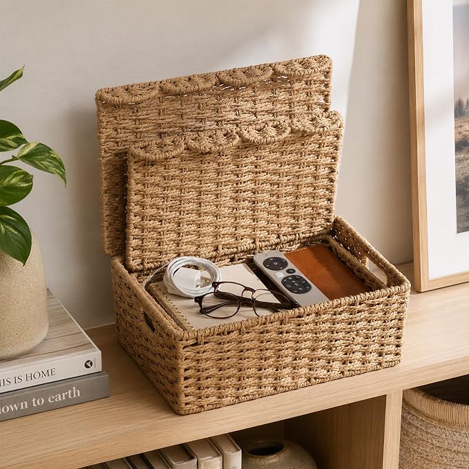 Set of 2 Scalloped Wicker Baskets with Lid,Paper Rope Decorative Storage Baskets for Shelves, Display Shelf, Handmade Cute Woven Basket for Nursery,Living Room Decor - Image 5