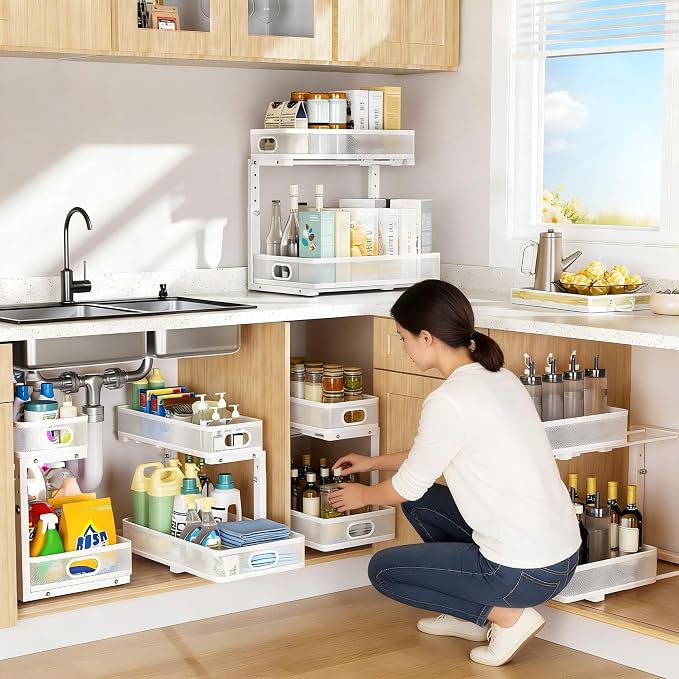 Under Sink Organizer 2 Pack, High Adjustable 2 Tier Under Sink Organizers and Storage, Slide out Metal Cabinet Organizers, Pull out Storage Drawer Shelf for Kitchen Bathroom Cabinet (White) - Image 7