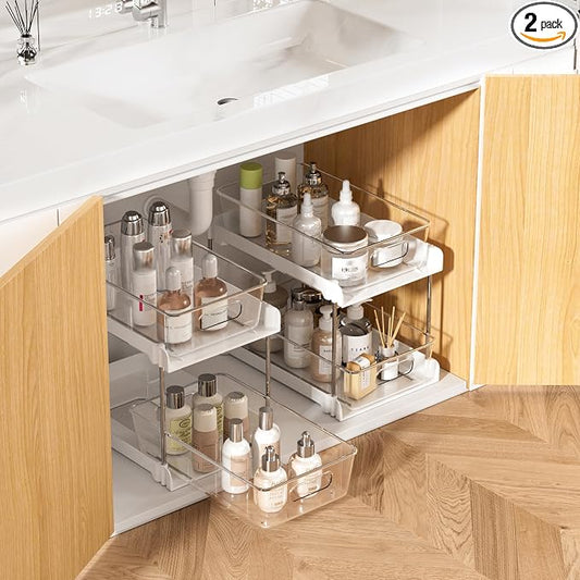 Vtopmart 2 Pack Pull Out Bathroom Under Sink Organizer (S-Standard, White) | Slide-out drawers, Multi-purpose storage, Clear visibility, Easy Set-up by Vtopmart