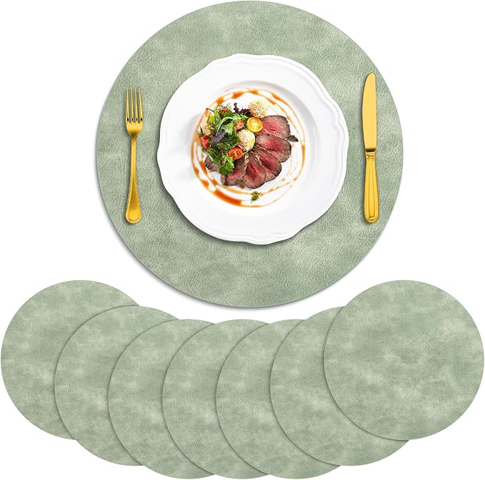 ADRIMER Placemats, Heat Resistant Round Placemats Set of 8 Washable, Waterproof Table Mats, Wipeable Faux Leather Place Mats for Kitchen, Dining Room, Green by Adrimersdreamistobeanindispensablecompanioninyourlife