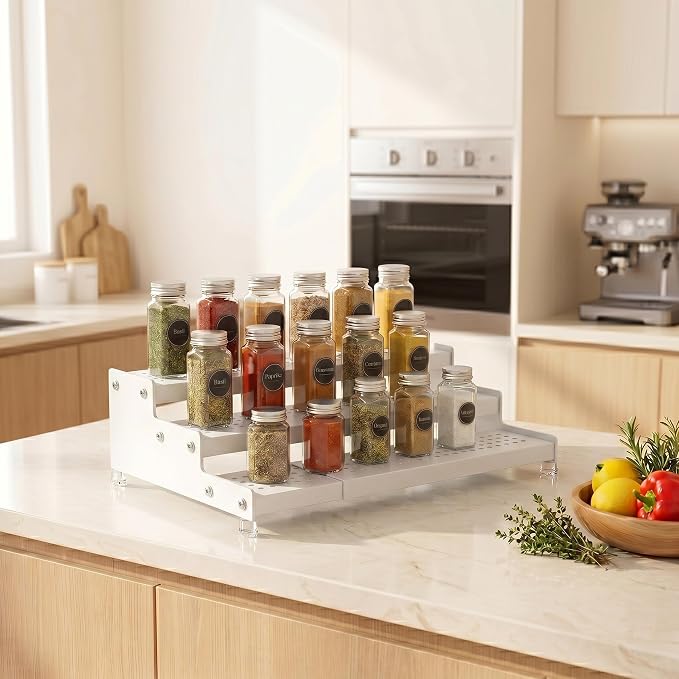 Expandable 3-Tier Spice Metal Shelf Rack, White, 3-Tier | Kitchen Cabinet and Pantry Organizer, Seasoning Organizer, Countertop Storage, 1 Pack - Image 2