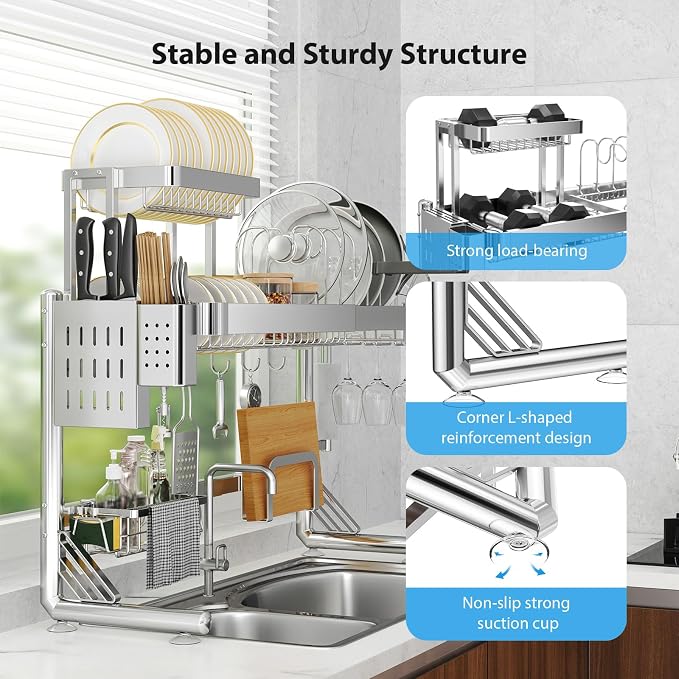 Over Sink Dish Drying Rack, Upgrade 2.5-Tier 304 Stainless Steel Dish Rack Adjustable Length with Pots and Pans Rack, Modern Over The Sink Dish Drainer Rack for Kitchen Storage Counter Organizer - Image 3