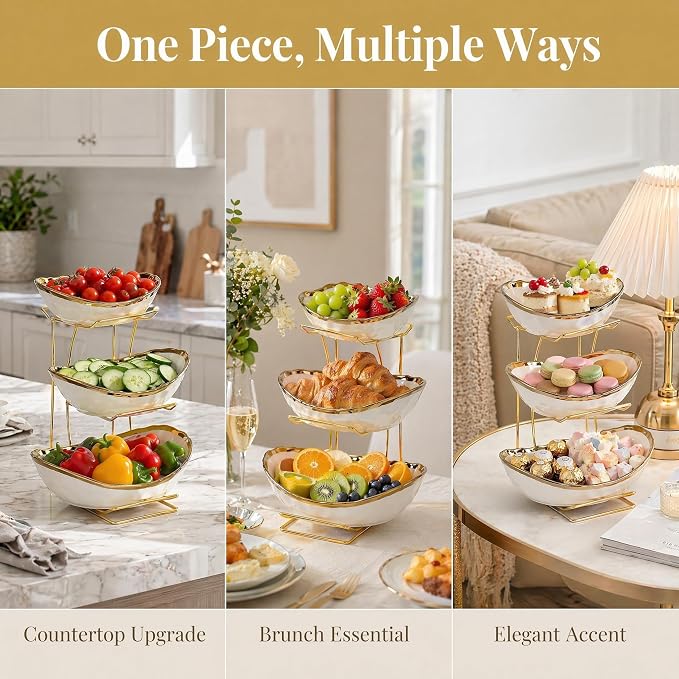 3 Tier White Ceramic Fruit Bowl with Gold Metal Stand, Modern Tiered Fruit Basket Rack for Kitchen Countertop, Large Storage Organizer for Fruit Vegetable Snacks Bread - Image 5