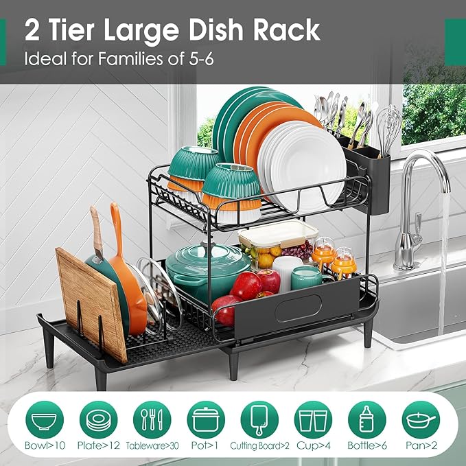 Urackify Dish Drying Rack for Kitchen Counter, Expandable 2 Tier Dish Rack, Large Capacity Dish Drainer with Drainboard Multifunctional Dish Strainer with Removable Cutlery Holder Black | 2 Tier. Expands from 16.9 to 26.6 inches to fit more dishes, wit... - Image 4