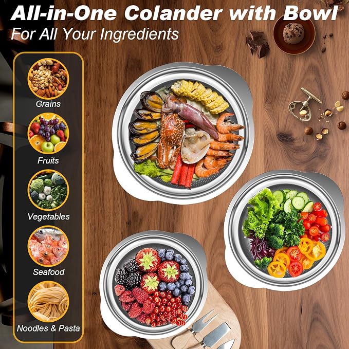 Colander, Stainless Steel Colander with Mixing Bowls (3.5QT), 3Pcs Strainer for Kitchen Gadget Food Strainer Basket with Handle, Colanders Bowl for Pasta Noodles Spaghetti Vegetables Fruit (3.5+3+2QT) - Image 6