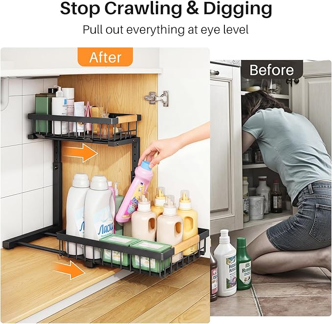 PXRACK Under Sink Organizer, Adjustable Height, 2 Tier Pull Out Under Cabinet Organizer, Slide Out Thickened Metal Under Sink Storage for Kitchen Bathroom Laundry Pantry Cabinet, Black, Small-2-Pack - Image 4