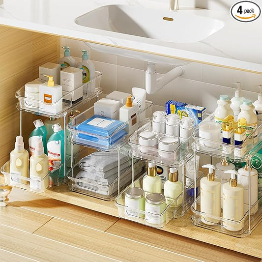 Delamu 2-Tier Under Sink Organizers and Storage, Multi-Purpose Stackable Bathroom Cabinet organizers, Pull Out Kitchen Pantry Organization and Storage with Dividers(4 Pack, Clear) by DELAMU