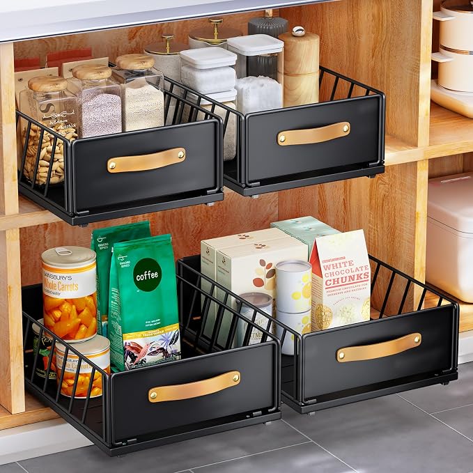 Pull out Cabinet Organizer,Heavy Duty Slide out Pantry Shelves Drawer Storage with Adhesive Nano Film,Sliding Mesh Cabinet Basket with Handle for Kitchen, Bathroom, Home, 9.8"W X 15.7"D X 6.2"H,Black by Kitstorack