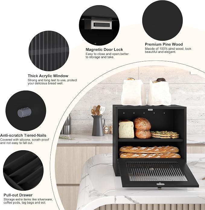 Alpeir Wooden Bread Box for Kitchen Countertop, Large Capacity with Ventilation Holes Adjustable Tiered-Shelf, Vintage Farmhouse Breadbox with Drawer & Window, Longer Freshness, Black - Image 8