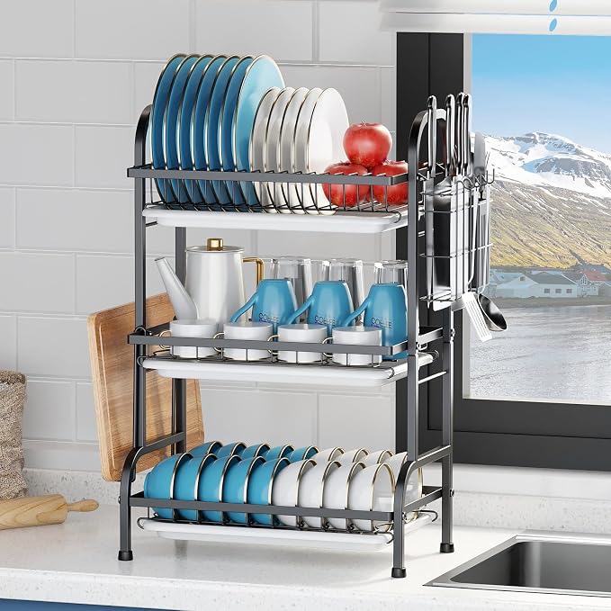 3 Tier Dish Drying Rack, Over The Sink Dish Drying Rack with Drain Tray, Large Kitchen Dish Rack for Countertop with Cutlery Holder, Knife Holder & Cutting Board Holder, Black - Image 2