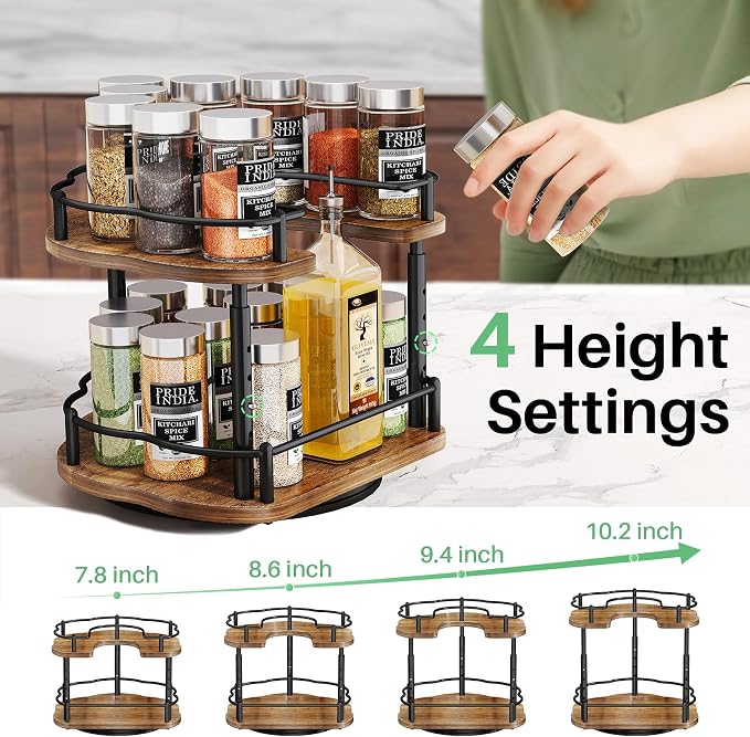 Lazy Susan Organizer Spice Rack - Spice Organization for Cabinet Height Adjustable Rotating Lazy Turntable, Pantry Kitchen Wood Revolving Seasoning Organizer (Vintage, 9 Inch) - Image 4
