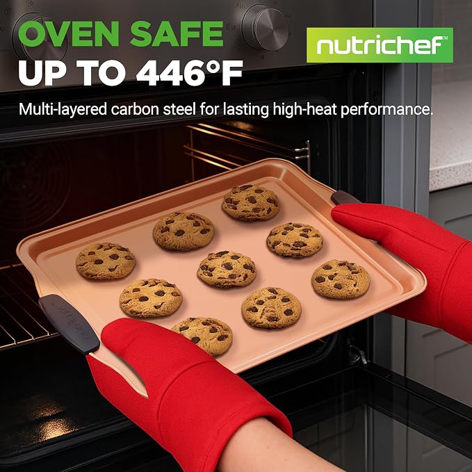 NutriChef 3 Piece Cookie Sheets for Baking - PFOA, PFOS, PTFE Free Nonstick Carbon Steel Bakeware Set - Home Kitchen Bake Pan Cookie Sheet Stackable Baking Sheet w/Black Silicone Handles NCSBS3S45 - Image 2