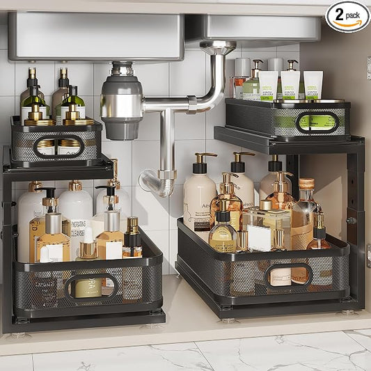 2 Pack Under Sink Organizer With Next-Gen Ball-Bearing Slides,2-Tier Precision Mesh Pull Out Cabinet Shelf Storage for Bathroom&Kitchen,Slide Out Drawers Height Adjustable,Rust-resistant by Corbyles