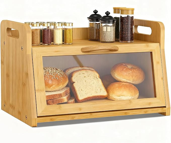 BAMBANG Extra Large Bread Box, Bread Box for Homemade Bread, Bamboo Wooden Bread Storage Container with Tool Holder & Handles & Window, Assembly Required(14.9" x 9.8" x 9.4") Natural by BAMBANG
