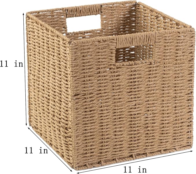 Foldable Storage Cube Bins Set of 4, Paper Woven Square Baskets, Natural, 11" x 11" x 11" - Image 2