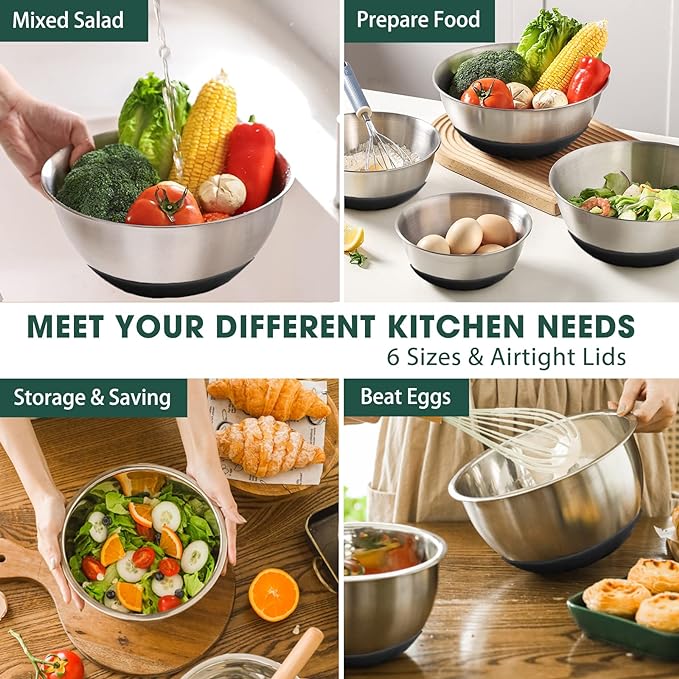Umite Chef Mixing Bowls with Airtight Lids，6 piece Stainless Steel Metal Nesting Storage Bowls, Non-Slip Bottoms Size 7, 3.5, 2.5, 2.0,1.5, 1QT, Great for Mixing & Serving(Black) - Image 2