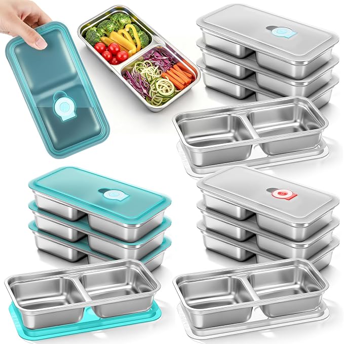 12 Pack Stainless Steel Snack Containers Snackle Container Box with 3 Colors Leakproof Lids Reusable 2 Compartment Stackable Lunch Box for Work Travel Party Beach Picnic Outdoor Portion Control Meal by Unknown