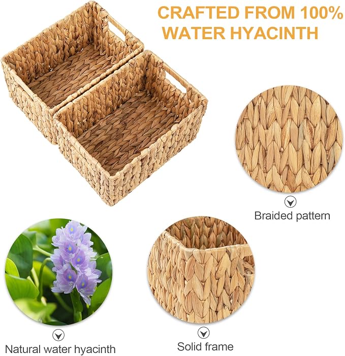 Water Hyacinth Rectangular Wicker Baskets, 12" Wicker Basket 2 Pack, Woven Storage Baskets with Handles - Image 4