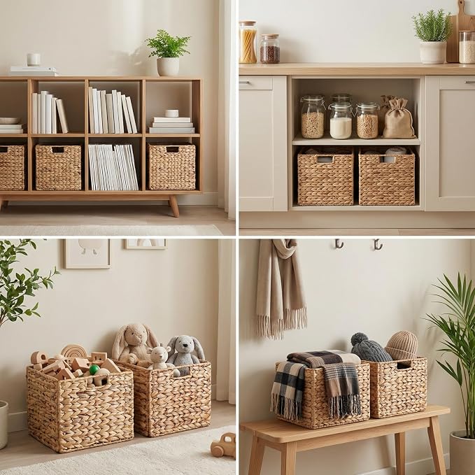 10.5 x 10.5in Wicker Storage Baskets, Cube Foldable Water Hyacinth Storage Baskets for 11 x 11 Cube Shelves Set of 4 - Image 6