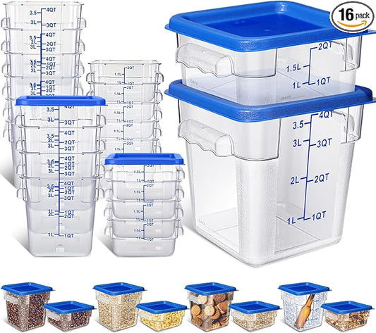 Yungyan 16 Pcs Restaurant Food Storage Containers with Lids Set 2Qt and 4Qt Commercial Restaurant Square Storage Containers Clear Food Cereal Container for Kitchen Freezer (Blue Lids) by Yungyan