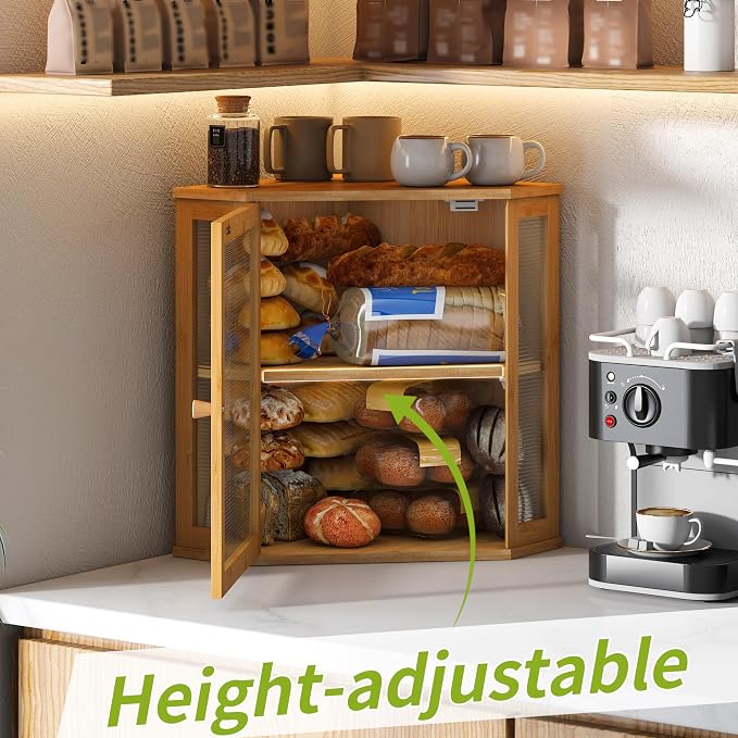 BMOSU Corner Bread Box for Kitchen Countertop Double Layer Bamboo Wooden Bread box Large Capacity Bread Storage Bin(Natural, Extra Large) - Image 5