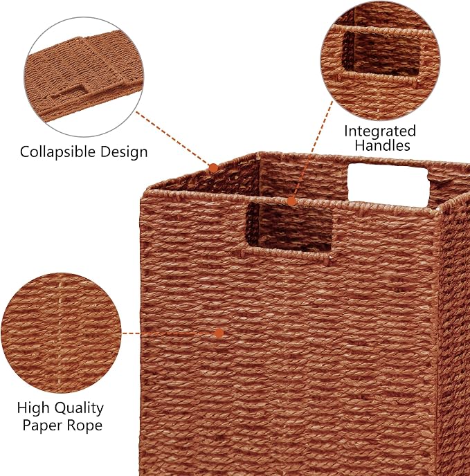 Wicker Storage Basket, Set of 2 Hand-Woven Paper Rope Wicker Basket, Foldable Cube Storage Bins, 9 inch Square Storage Baskets for Organizing Shelves & Decor, Orange (9″×9″×9″) - Image 8