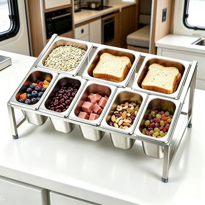 Telescoping Pizza Topping Station Condiment Container Food Prep Holder | Stainless Steel Container Set with 8 Pans & Spoons&Lid, Spice Rack Ingredients Holder Bar Kitchen Pizza Oven Accessories - Image 3