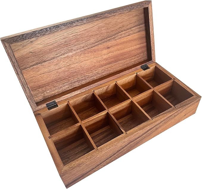 Ironwood Gourmet Acacia Wood Tea Box, 10 Compartment XL Tea Chest | Store & Display Tea Bag Collections | Beautiful Acacia Wood Tea Storage Box With Lid | Great For Jewelry and Arts & Crafts - Image 2