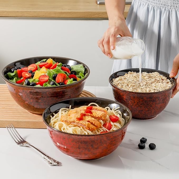 Hasense Mixing Bowls Set of 3, Procelain Serving Bowls Set for Cooking, Baking, Large Nesting Bowls for Salads, Fruit, 2.1/1.5/1.0 Qt, Dishwasher & Microwave Safe, Red - Image 2