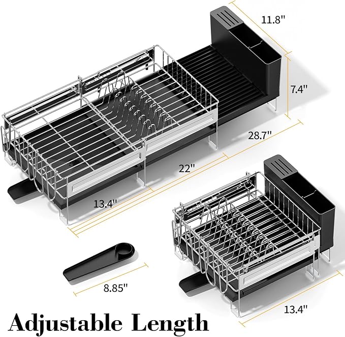 Delamu Large Dish Drying Rack, Stainless Steel Dish Racks for Kitchen Counter, Multifunctional Dish Drainer with Cutlery & Cup Holders, Extendable from 13.4 to 28.7 in, Black - Image 4